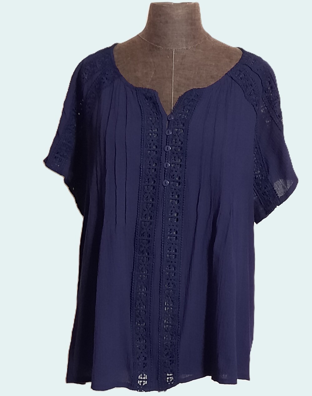 Navy Indigo Blue Crochet Eyelet Lace Tunic Blouse Pintuck Pleats Peasant Top 2X